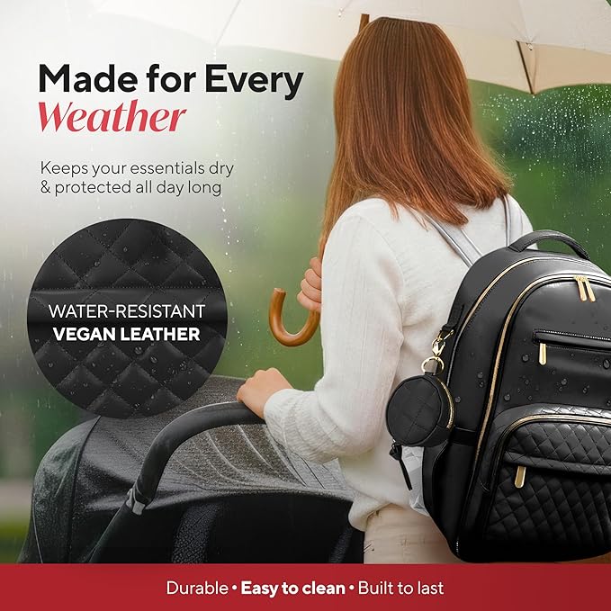 Award-Winning 3-SET Premium Leather Diaper Bag Backpack – Stylish, Durable, Waterproof Vegan Leather with PEVA Changing Pad & Baby Headrest, Travel-Friendly, Organized for Busy Parents