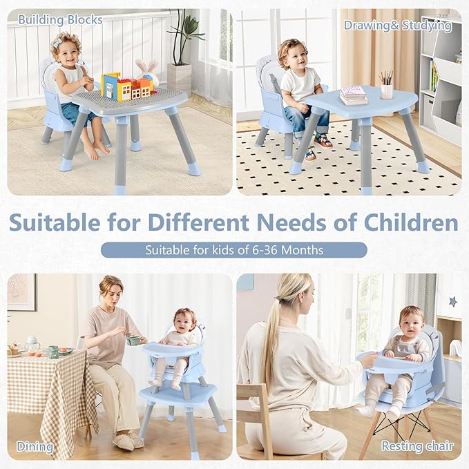 INFANS 8 in 1 Baby High Chair, Convertible Highchair for Babies and Toddlers, Infant Dining Booster Seat, Building Block Table, Kids Stool Table Chair Set with Removable Tray (8 in 1, Blue)