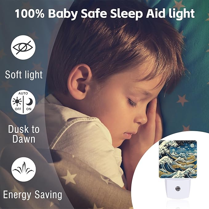 Blue Ocean Waves Night Light for Kids, Rough Sea Waves Night Light Plug in with Dusk to Dawn Sensor, 0.5w Energy Saving Sleep Friendly Nightlight for Hallway Stairway Kitchen Bedroom