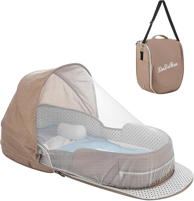 Baby Travel Bassinet Portable Bassinets, Foldable Carry Bag Bassinet Travel Crib, Lightweight Baby Lounger Pod Infant Bed with 2-1 Mosquito & Canopy (Khaki)