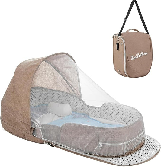 Baby Travel Bassinet Portable Bassinets, Foldable Carry Bag Bassinet Travel Crib, Lightweight Baby Lounger Pod Infant Bed with 2-1 Mosquito & Canopy (Khaki)