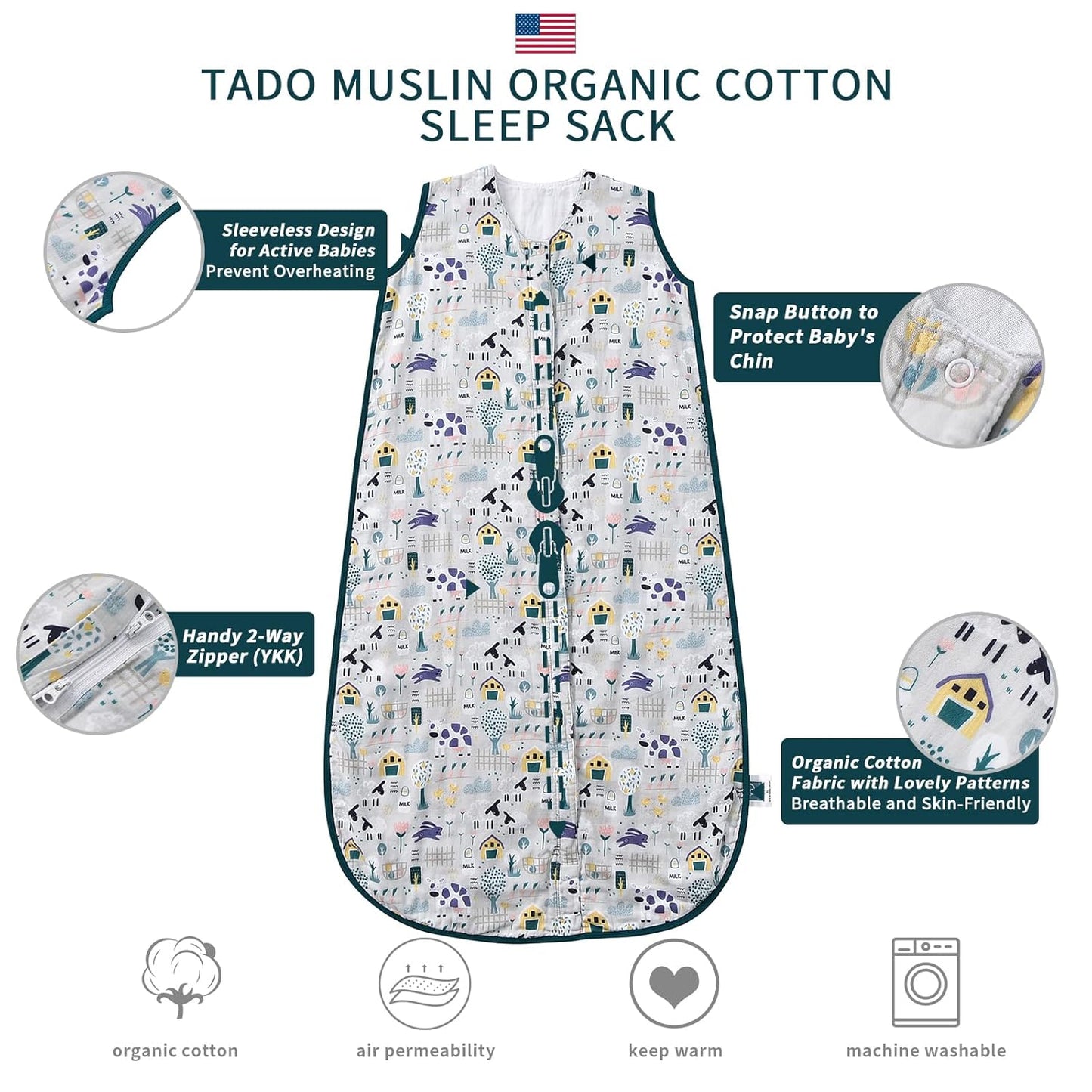 Baby Sleep Sack 1-2 T Baby Wearable Blanket 100% Organic Cotton 0.5 TOG Muslin Toddler Sleeping Sack 2- Way Zipper Soft 12-24 Months