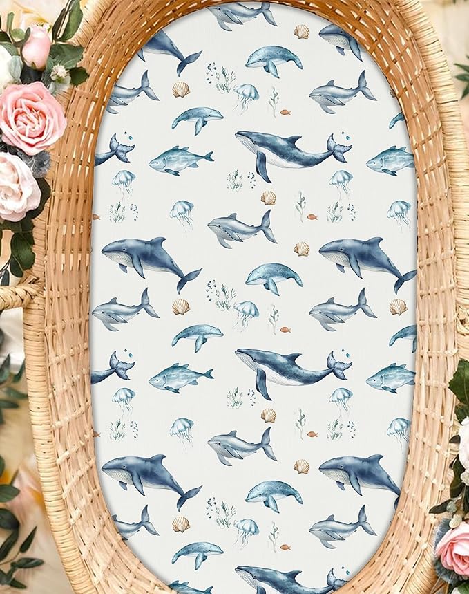 Bassinet Sheets for Baby Girls Boys 2 Pack, Fitted Baby Mattress Sheet for Rectangle, Oval, Hourglass Bassinet Mattress, Breathable Cozy & Universal Fit (Aquatic Adventures)