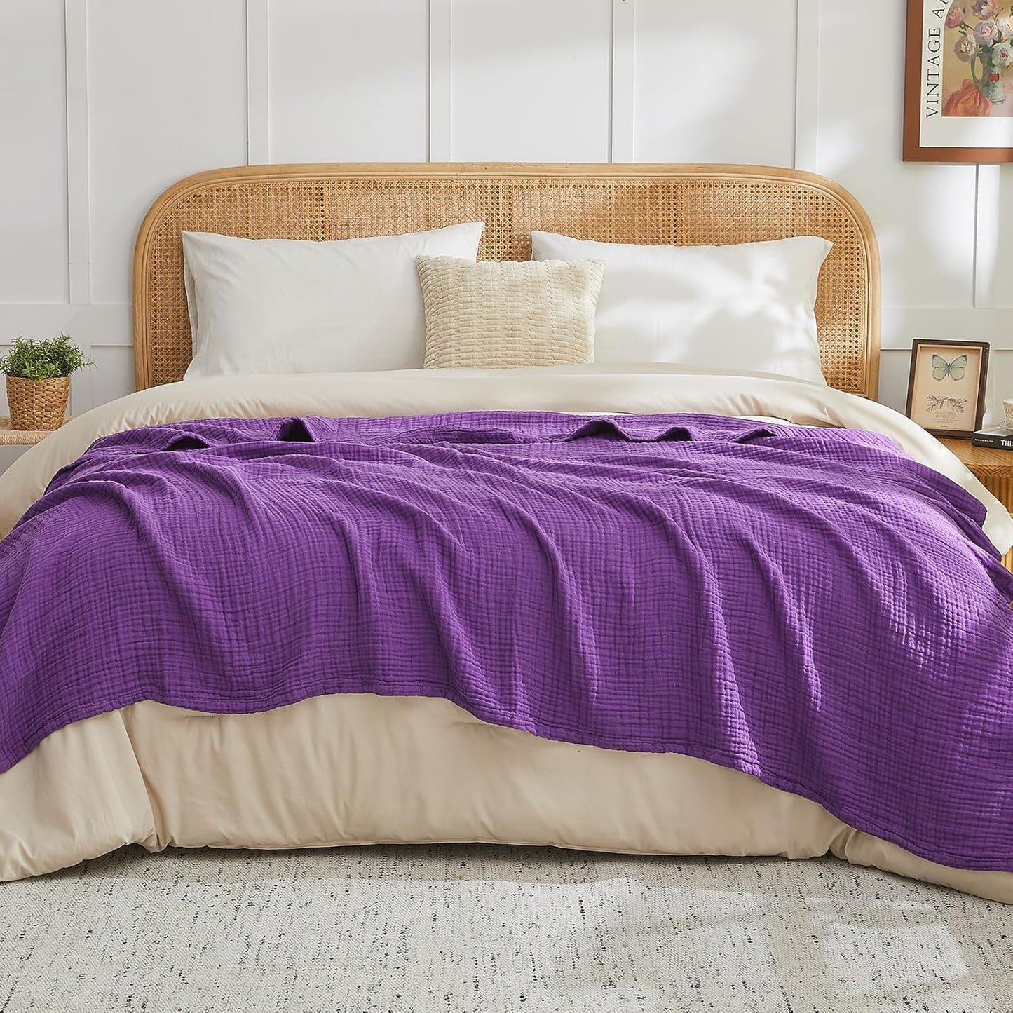 EMME Cotton Muslin Throw Blanket Couch Breathable Gauze Blanket Soft Lightweight Blankets Adults (Purple, 50"x60")