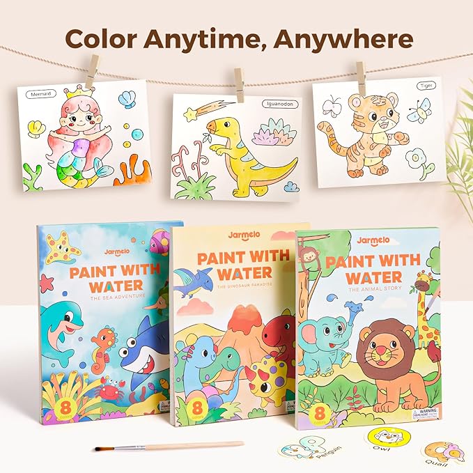 Jar Melo Paint with Water Books for Toddlers, Mess Free Watercolor Painting Activity for Kids Ages 1-3, 2-4, 4-6, Art Craft Coloring Gift with Brush, Airplane Travel Activities for Toddlers, Animals