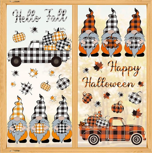 Whaline 9 Sheet Fall Halloween Window Clings Plaid Gnome Pumpkin Truck Maple Leaf Reusable Window Decals for Autumn Thanksgiving Harvest Party Home School Decor