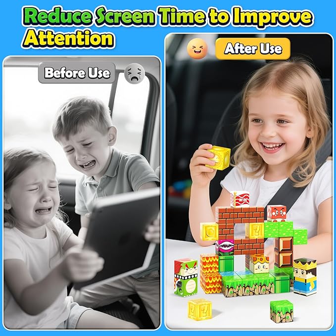 Magnetic Blocks Travel Toys with Portable Metal Tin - STEM Magnet Building Blocks Toddler Kids Toys for 3 4 5 6 7 8 Year Old Boys & Girls Xmas Birthday Gifts Classroom Must Haves Decor