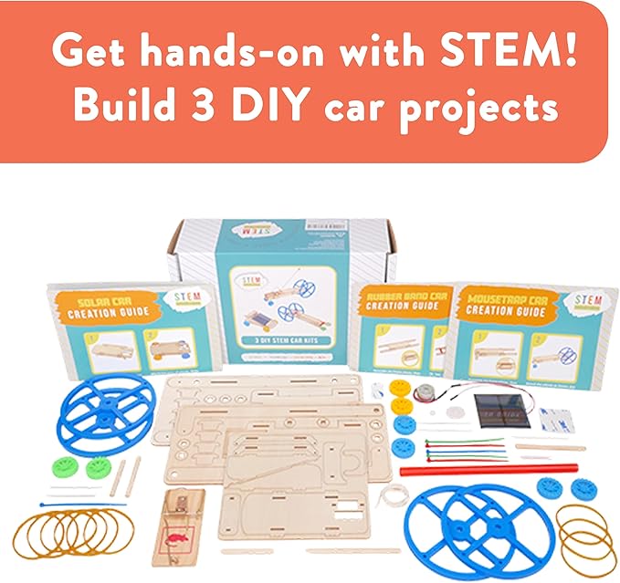 STEM Kit – 3 DIY Car Projects Powered by Rubber Bands, a Solar Cell, and a Mousetrap - STEM Kits for Kids Ages 8-14 – Educational DIY Kit for Classroom, Homeschool, Science Projects, or Gifts