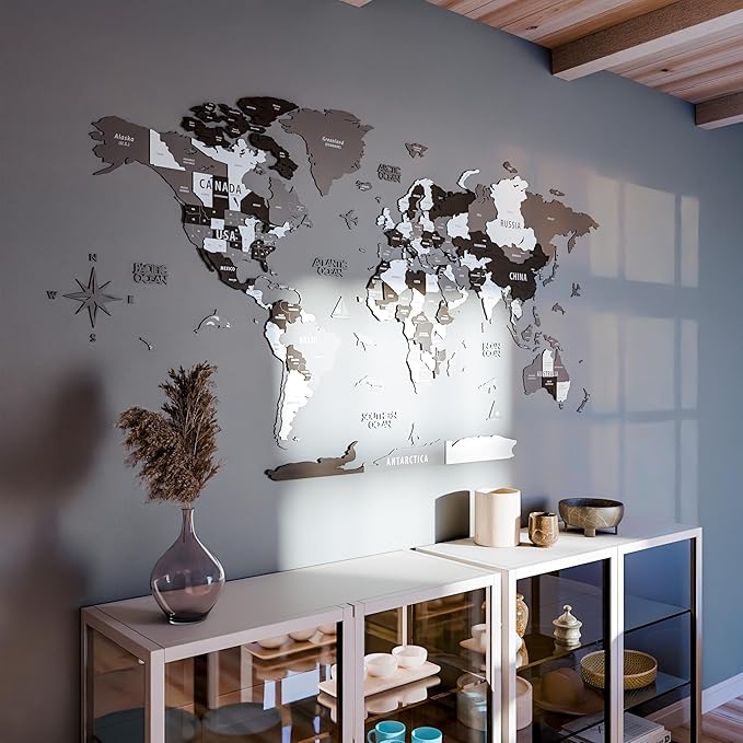 Colorfull Worlds 3D Wooden World Wall Art | Unique Wall Decor with Pins for Travel Enthusiasts | Home and Office Wall Décor | Grey | Large