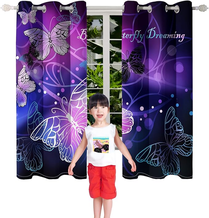Butterfly Blackout Curtain for Girls Bedroom 2Pcs, Purple Window Curtain Panels Drapes Set Curtains 63 inch Length for Kids Bedroom Nursery Room Grommet Top Thermal Insulated Curtains, 82" x 63"