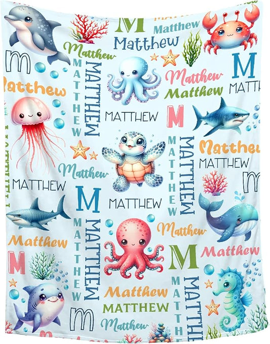 Personalized Baby Blanket for Girls Boys Kids Turtle Sea Animals Custom Baby Blanket with Name Throw Birthday Gift for Toddlers Infants Shower Newborns Nursery Stroller Crib Bed Decor