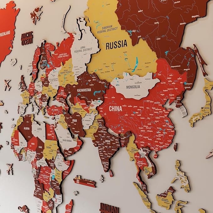 Colorfull Worlds 3D Wooden World Map Wall Art - Premium Multicolored World Travel Map for Wall Decor with Push Pins- Ideal Housewarming Gift & Travel Tracker (Medium, Terracota)