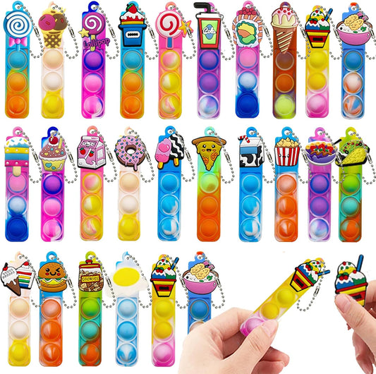 26 Pcs Mini Keychain Pop Fidget Toys for Kids, Birthday Party Favors for 3-5, 4-8, 8-12, Bulk Sensory Toys for Classroom Prizes, Party Supplies for Pinata Stuffers, Carnival Prizes (Snack)