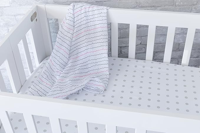 Ely's & Co. Kid's Waterproof Pack n Play Portable Mini Crib Sheet with Mattress Pad Cover Protection, White and Grey Chevron and Polka Dots (2 Pack)