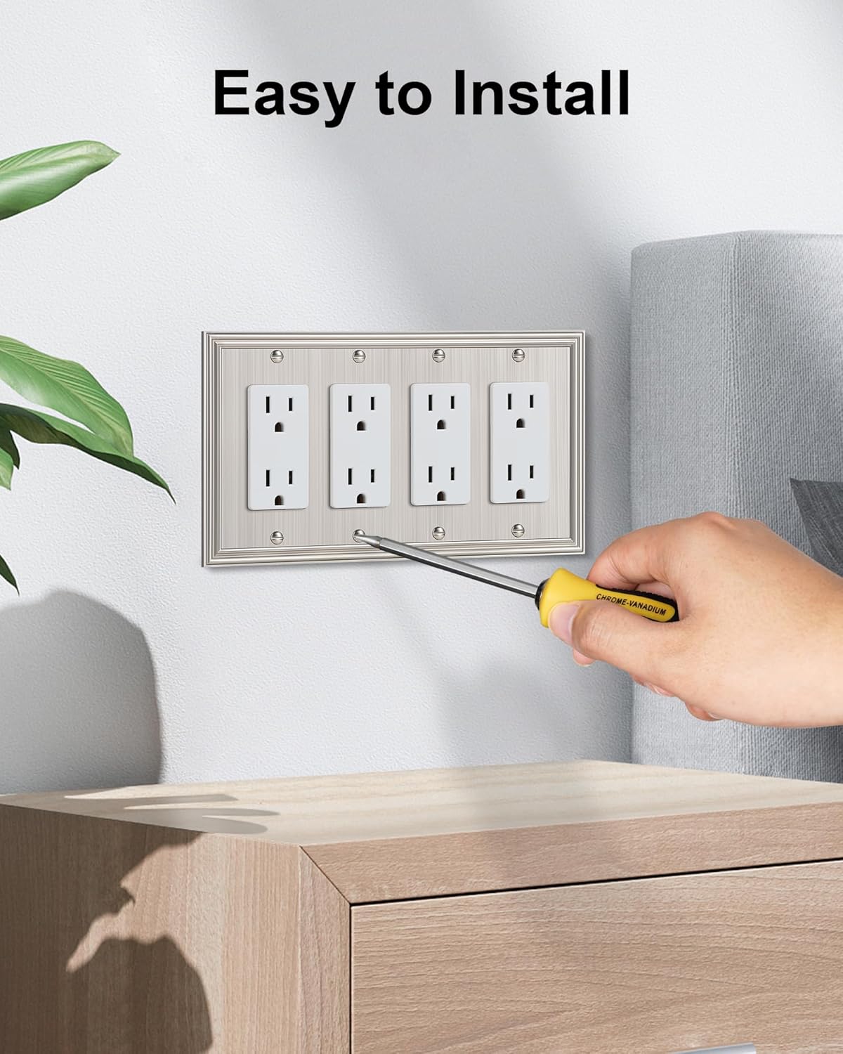 2-Pack Quad Decorator Outlet Cover Plate, Zinc Alloy Brushed Nickel Switch Plates and Outlet Covers, 4 Gang Wall Plates for Electrical Outlets, Receptacle, GFCI Outlet, Dimmer Switch