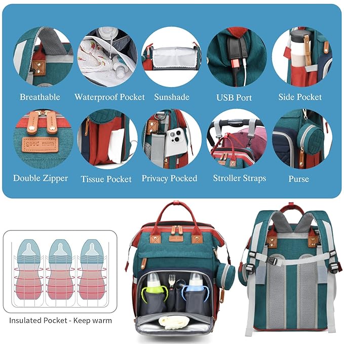 Jeryswet Baby Diaper Bags with Changing Station, Waterproof Large Capacity Diaper Bag Backpack for Moms Dads with USB Charging Port and Stroller Straps, Baby Shower Gifts, RGB