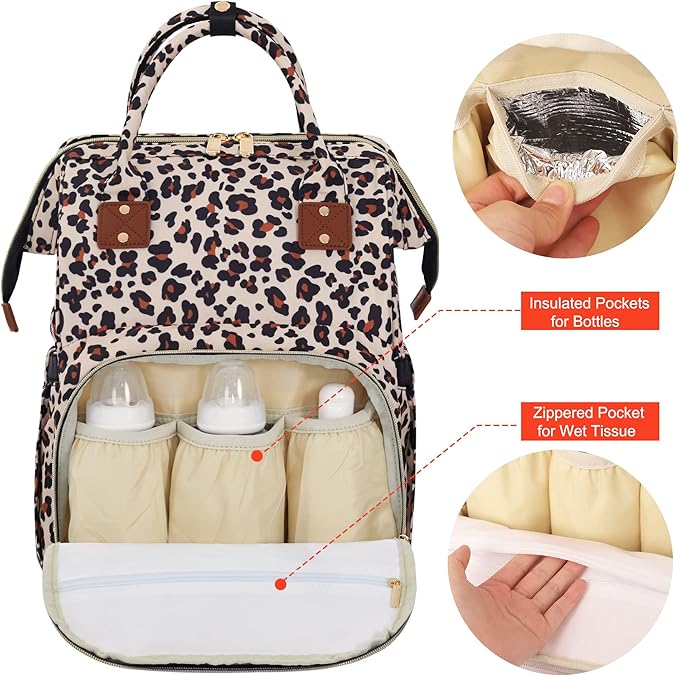 Diaper Bag Backpack Multi-Function Baby Bag With Large Capacity and Insulated Pockets Diaper Backpack Organizer Bag for Mom/Dad, Leopard