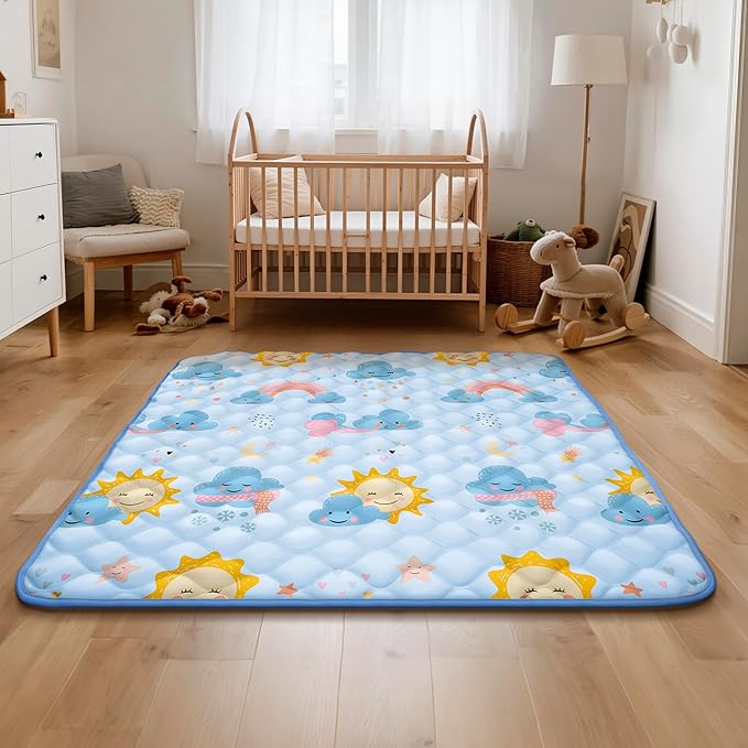 50x50 Playpen Mat, PIGLOG 0.8 Inch Thick Foam Baby Play Mat for Floor, Soft Fabric Cushioned Play mat for Babies，Washable Non-Slip Playmate for Baby, Infants & Toddlers（Blue）