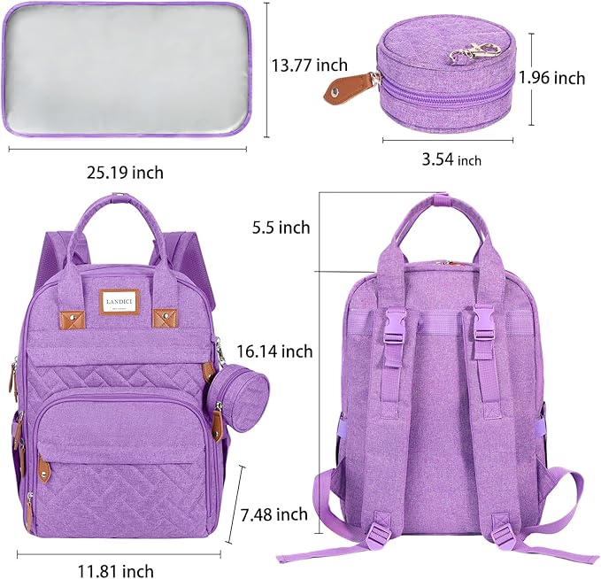 LANDICI Diaper Bag Backpack, Multifunction Baby Diaper Bags with Changing Pad, Stroller Straps & Pacifier Case, Travel Essentials Back Pack for Mom Dad Boy Girl, Large Capacity, Waterproof, Lavender