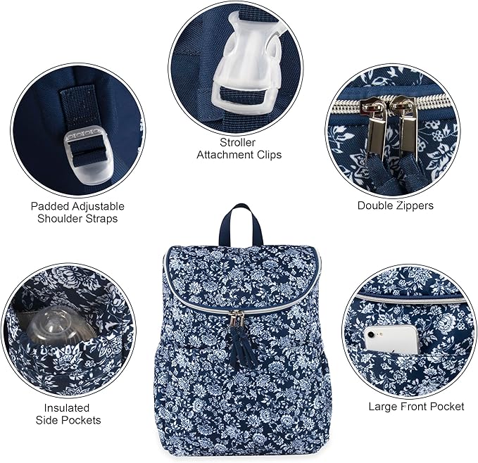 Multi-Function Floral Diaper Backpack and Travel Nappy Baby Bag with Changing Pad and Stroller Straps