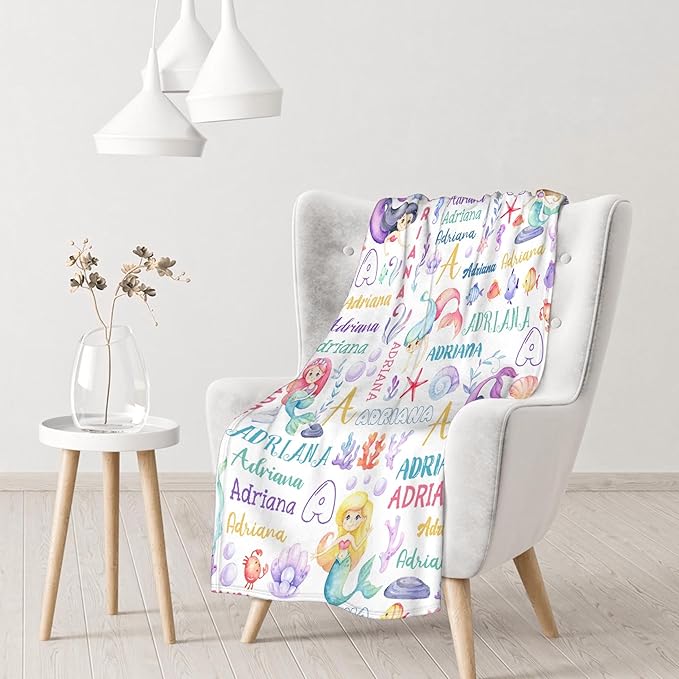 Personalized Baby Blanket for Girls Boys Kids Mermaid Custom Baby Blanket with Name Throw Birthday Gift for Toddlers Infants Shower Newborns Nursery Stroller Crib Bed Decor