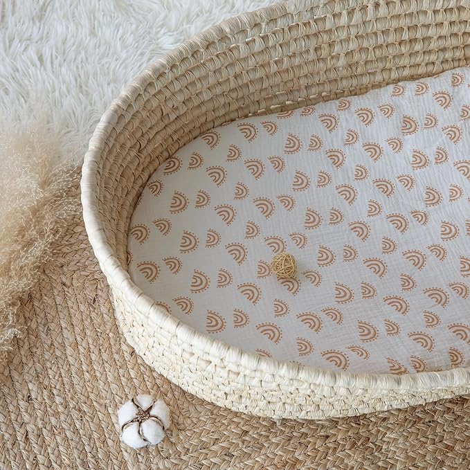 Muslin Bassinet Fitted Sheets, 2 Pack for Baby Boy and Girl, Soft Breathable Baby Pad/Mattress Sheet, Fit for Hourglass Oval and Rectangle Bassinet Mattress (Lattice Rainbow)