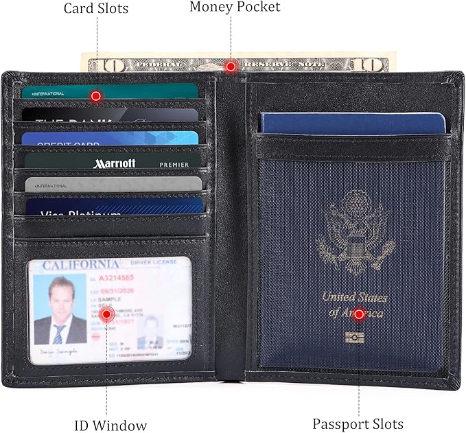 Polare Luxury RFID Blocking Leather Passport Holder Travel Wallet For Men and Women (Black with AirTag Slot)