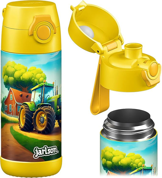 Jarlson® Mali Children's Water Bottle, Thermal Stainless Steel Water Bottle, BPA-Free, Leak-Proof, Children's Bottle with Chug Lid, Bottle for School, Nursery (Tractor Yellow, 12 oz)