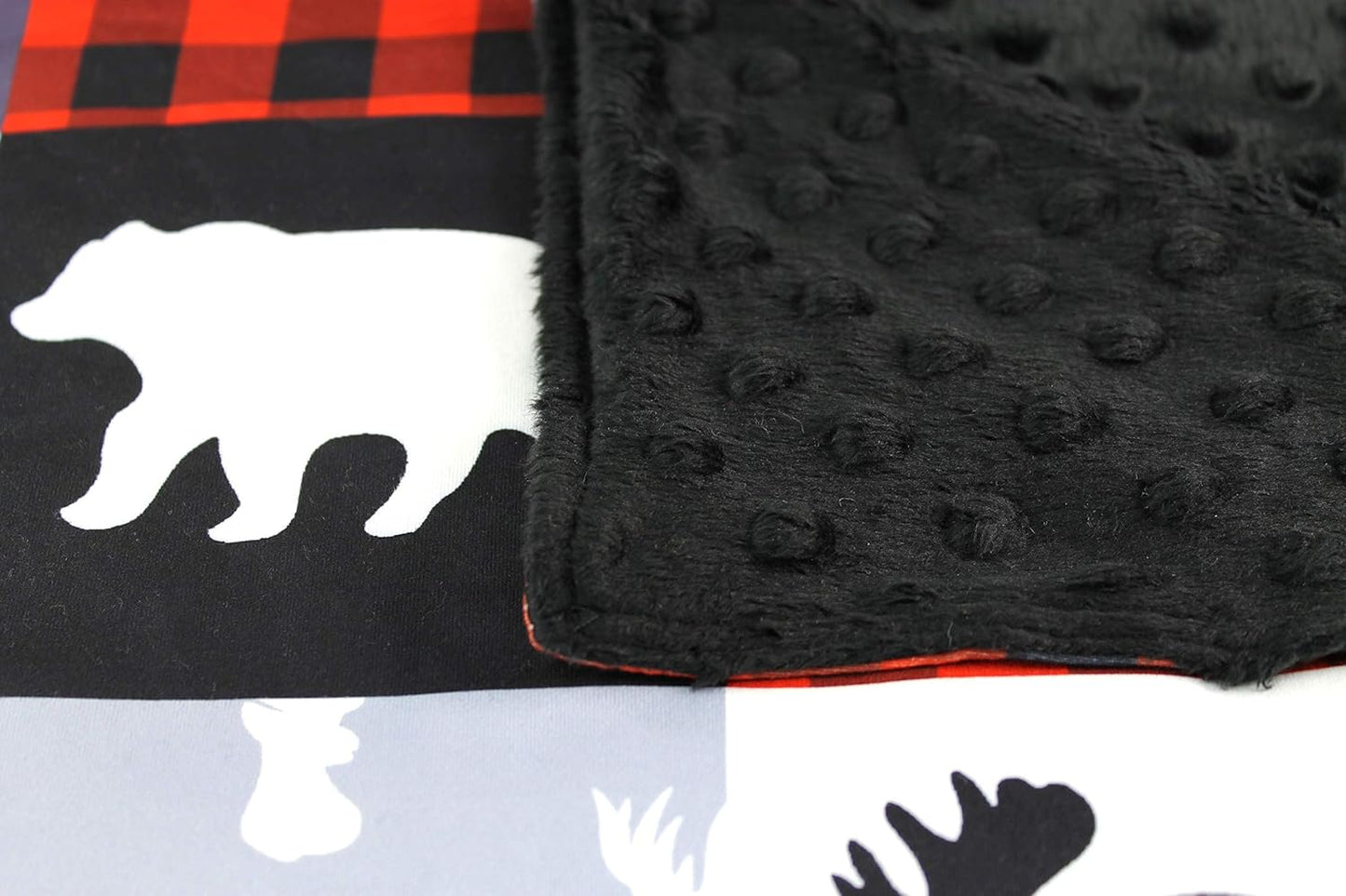 Top Tots Baby Blanket - Minky, Moose, Bear, Deer Heads, Trees and Vines, Red and Black Plaid with White and Gray