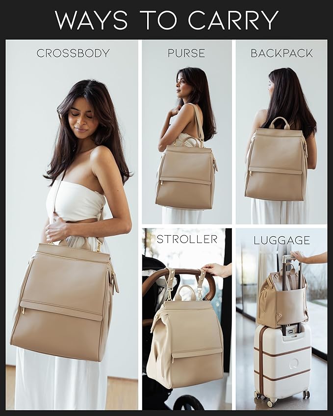 MIA + SOPHIA Leather Diaper Bag Backpack with USB Charging port, Changing Pad, Stroller Straps, and Bottle Holder(Beige Sophia)