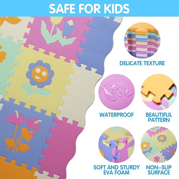 Foam Play Mat for Kids，25Pcs Square Interlocking Puzzle Floor Mat，Baby Play Mat Floor Mat Foam Puzzle Playmat for Toddlers with Fence（Flower-CSH037