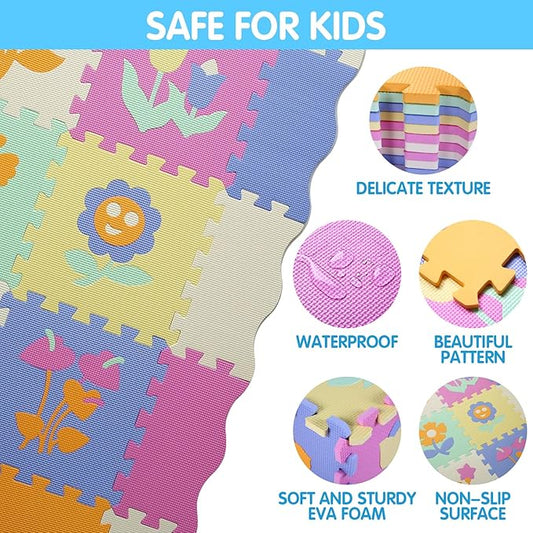 Foam Play Mat for Kids，25Pcs Square Interlocking Puzzle Floor Mat，Baby Play Mat Floor Mat Foam Puzzle Playmat for Toddlers with Fence（Flower-CSH037