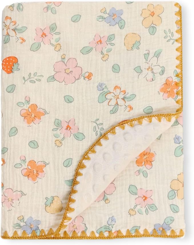 Baby Swaddel Blanket Cotton Muslin Thick Crib Bedding Dotted Backing Double Layer Receiving Blanket 40"x40" (Strawberry Flower)