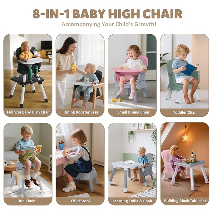Baby High Chair, 8 in 1 Convertible Highchairs for Babies and Toddlers, Children Dining Booster Seat/Kids Building Block Table for Girls Boys, Baby Seat with Removable Tray, Khaki