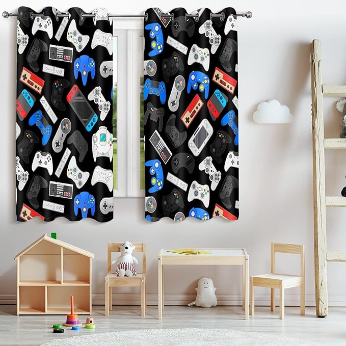 Jekeno Game Controller Blackout Curtains for Kids Boys Teens Bedroom Colorful Video Game Gamer Gaming Gamepad Decor for Home Living Room Grommet Window Drapes 2 Panel Set, 52"x84"