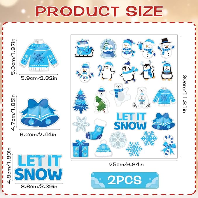 MARFOREVER 50 PCS Winter Gel Window Clings, Reusable Snowman Penguin Snowflake Thick Gel Clings Decals for Christmas Kids Gift Toddlers Classroom Xmas Party Supplies Window Glass Decoration