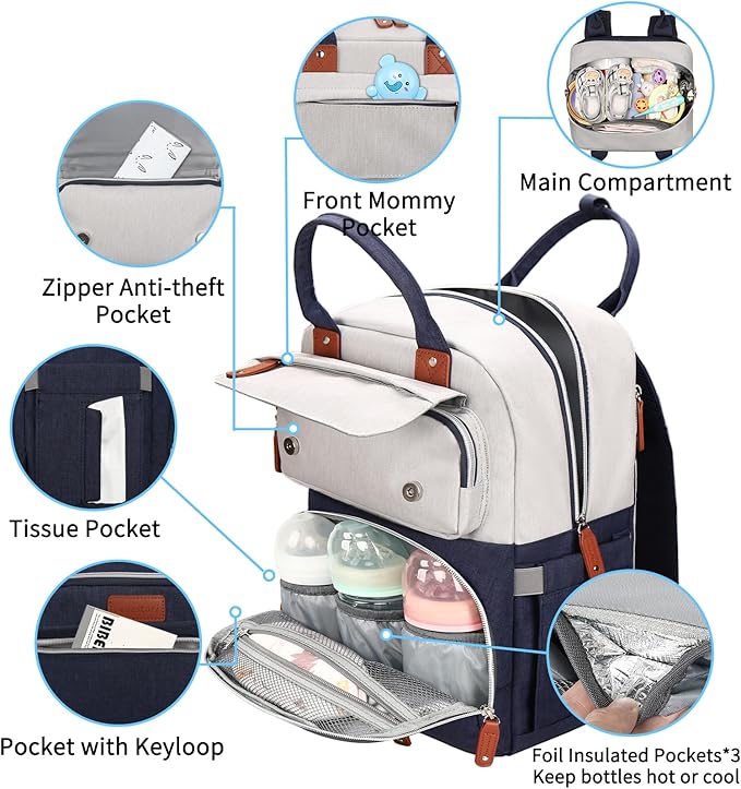Diaper Bag Backpack, Baby Boy Diaper Bag, Unisex Large Baby Bag for Mom, Waterproof Baby Essentials Travel Diaper Backpack with Insulated Pockets and Stroller Straps