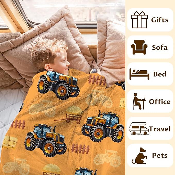 Boys Tractor Blanket for Kids Adults, 40x50 Inches Lightweight Soft Cool All Season Throw Blankets for Sofa Couch Chair Bed Office