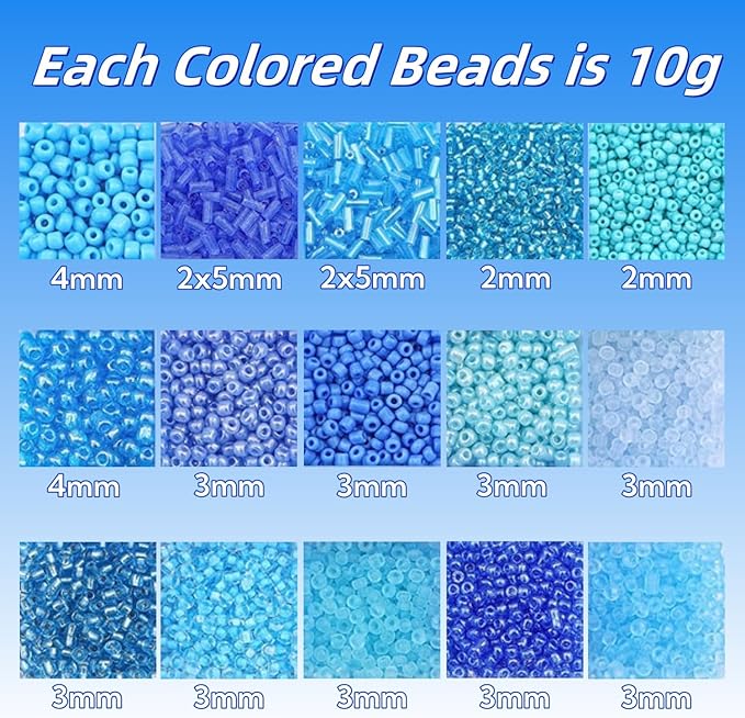 15 Color 4mm Small Assorted Glass Seed Beads,3mm Bugle Beads Friendship Bracelet Kit,2mm Tiny Tube Bead for Jewelry Making(Blue)