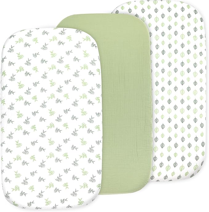 3-Pack Organic Muslin Bassinet Fitted Sheets, Compatible with Halo, Snoo, Graco, Dream On Me, Delta, and Other Standard Size Bassinets - Fits Oval, Hourglass, & Rectangle Shapes (32 x 16 x 4 Inches)