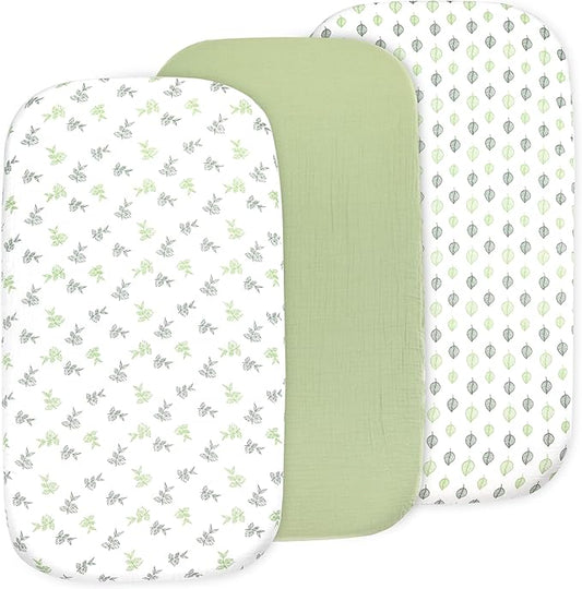 3-Pack Organic Muslin Bassinet Fitted Sheets, Compatible with Halo, Snoo, Graco, Dream On Me, Delta, and Other Standard Size Bassinets - Fits Oval, Hourglass, & Rectangle Shapes (32 x 16 x 4 Inches)