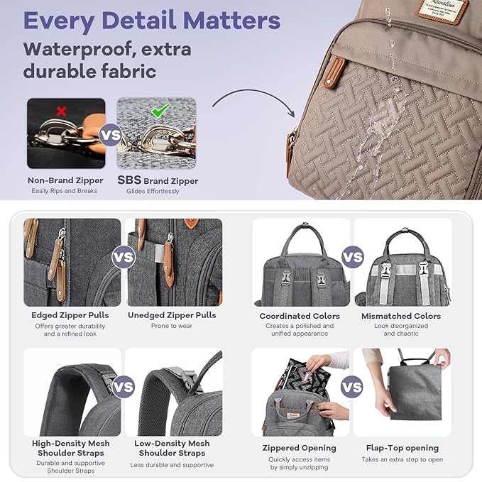 RUVALINO Diaper Bag Backpack, Multifunction Travel Pack Maternity Baby Changing Bags, Large Capacity, Waterproof, Khaki