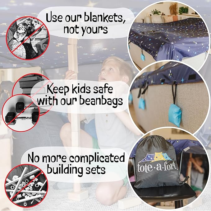 Tote a Fort Starry Blanket Fort Building Kit for Kids, 3 Blanket TOTEAFORT Toy, Make a Portable Playhouse, Play Tent Boy and Girl Indoor Outdoor Build Set, STEM Children Toy, Ages 4, 8, 12 +