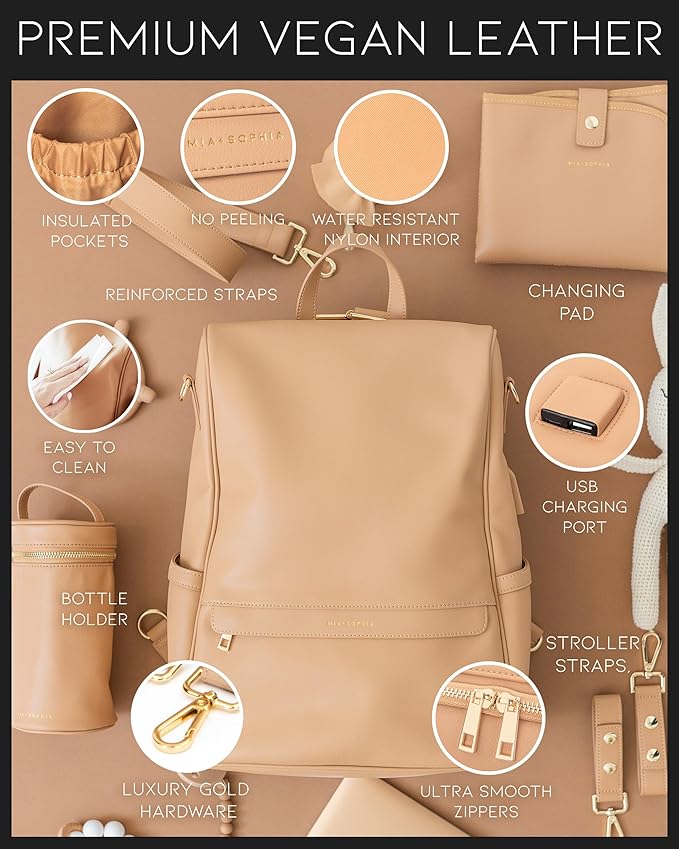 MIA + SOPHIA Leather Diaper Bag Backpack with USB Charging port, Changing Pad, Stroller Straps, and Bottle Holder (Brown Mia)