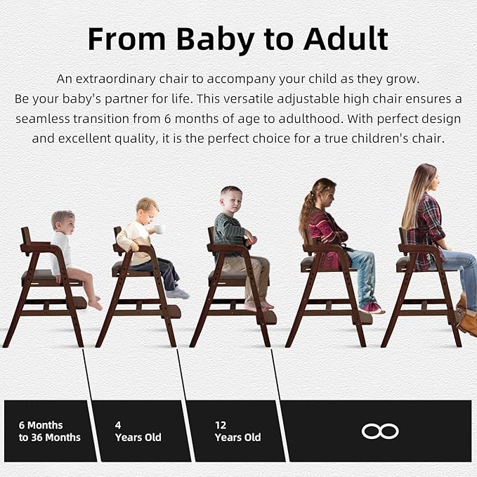 Wooden High Chair for Babies & Toddlers, Adjustable Kids Dining Chair with Removable Cushion (Walnut)