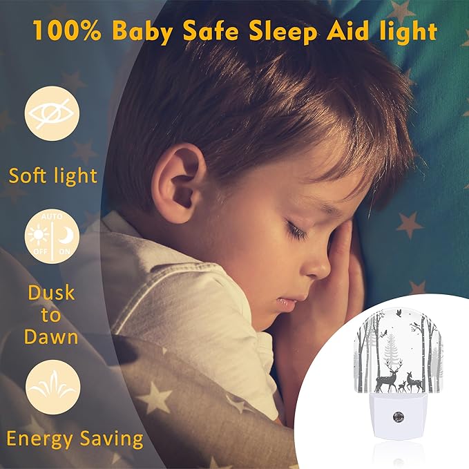 Deer in The Forest Night Light, Birch Tree with Deer Dusk to Dawn Night Light Plug in,0.5w Energy Saving Sleep Friendly NightLight for Kids Boys Girls Home Decor