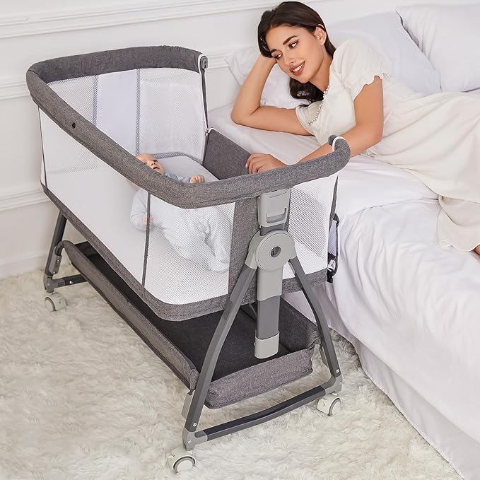 3 in 1 Baby Bassinet Bedside Sleeper, Height Adjustable Bedside Bassinet for Newborn and Infant with Mattress, Storage Basket, and Wheels (Grey)