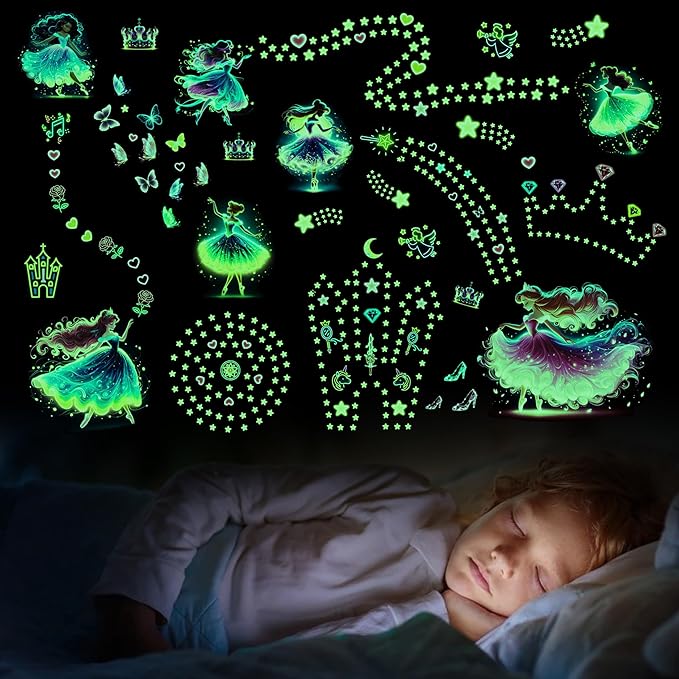 Glow in The Dark Princess and Star Wall Decals, Neon Butterflies Stickers for Girls Room, Luminous Stars Ceiling Decor for Bedroom Playroom Nursery