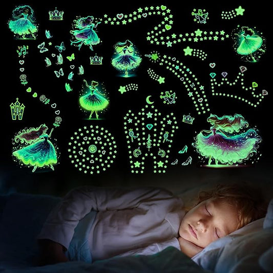 Glow in The Dark Princess and Star Wall Decals, Neon Butterflies Stickers for Girls Room, Luminous Stars Ceiling Decor for Bedroom Playroom Nursery