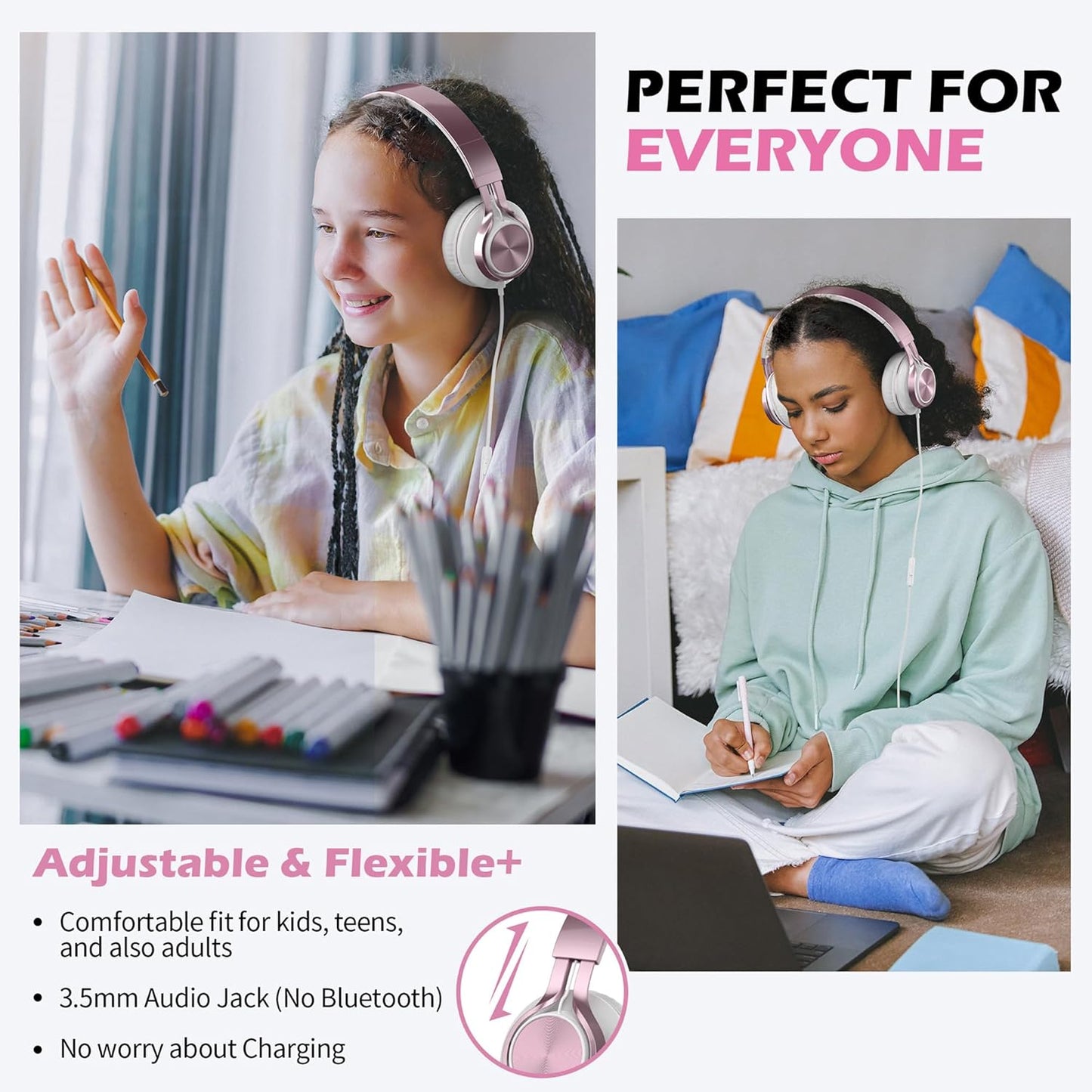 AILIHEN C8 Girls Headphones, On-Ear Headphones Wired with Microphone and Volume Control Foldable Corded Stereo 3.5mm Headset for Girls School Chromebook Laptop Computer PC Tablets Travel (Rose Gold)